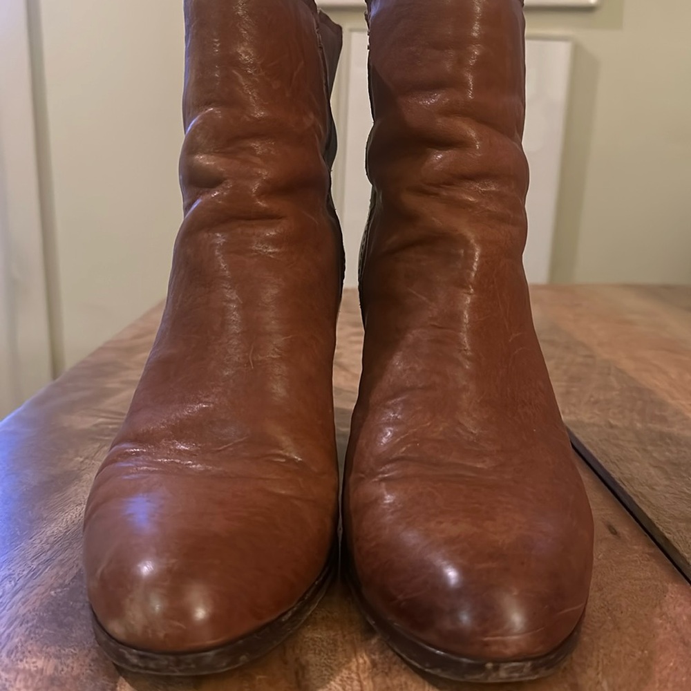 Brown leather Frye booties with back zipper. So cute!
